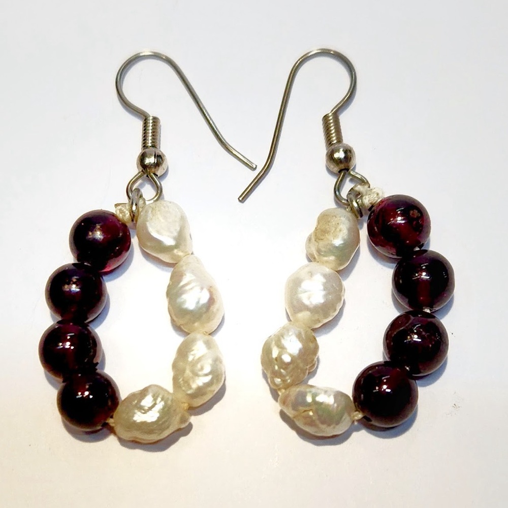 Genuine Natural Garnet Gemstone & Genuine Freshwater Pearl Drop Dangle Earrings